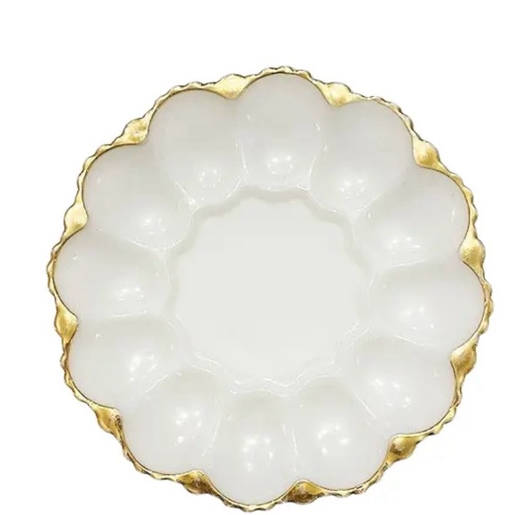 Egg plater Vtg Anchor Hocking Milk Glass 12 Deviled Egg Plate
Gold Trim Ornate - Picture 3 of 10